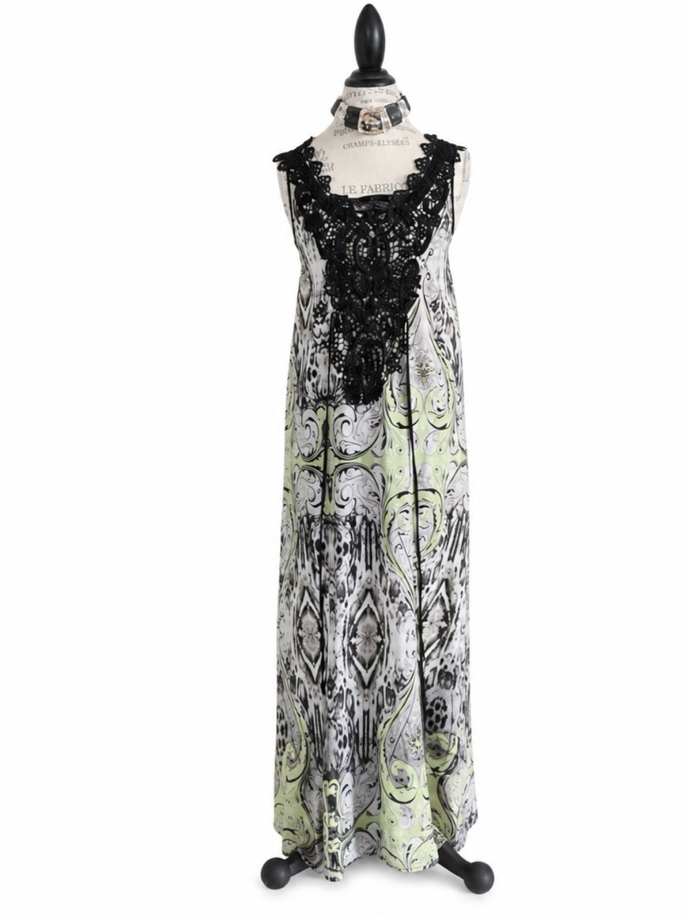 Dex Boho Printed Maxi Dress Black Embroidered Lace Bodice XS